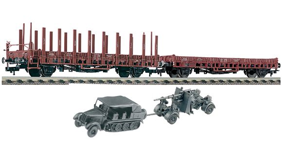 Set of 2 Flat cars "Stuttgart" loaded with military vehicles of German Wehrmacht<br /><a href='images/pictures/Fleischmann/525603.jpg' target='_blank'>Full size image</a>